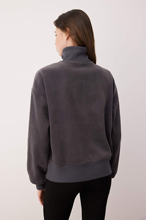 Antrasit Regular/Normal Kalıp Fermuar Detaylı Dik Yaka Polar Kalın Örme Sweatshirt TWOAW26SW00026 - 4