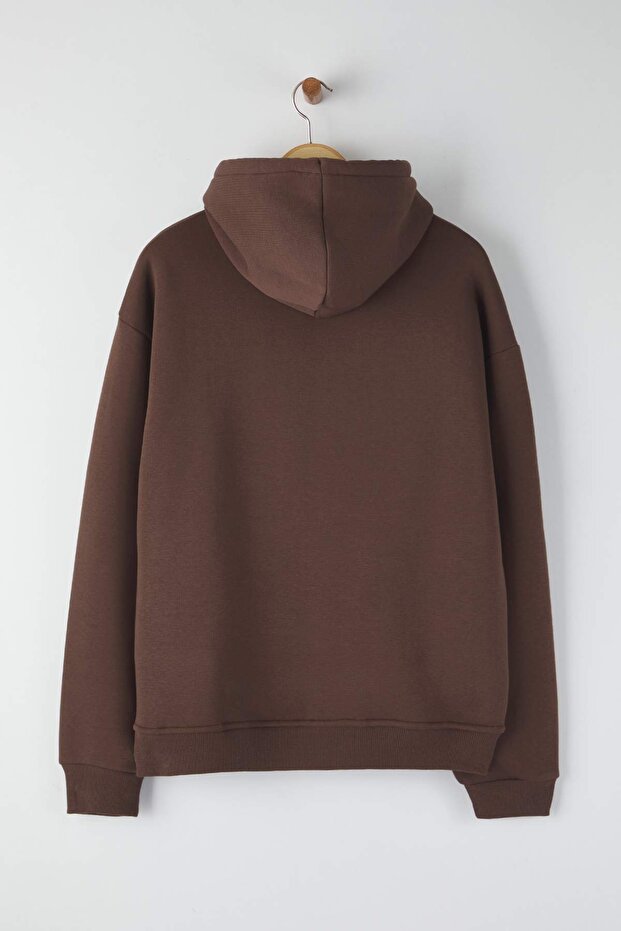 Koyu Kahverengi Oversize/Geniş Kesim Kapüşonlu İçi Polarlı Kaplan Nakışlı Sweatshirt TMNAW24SW00018 - 8