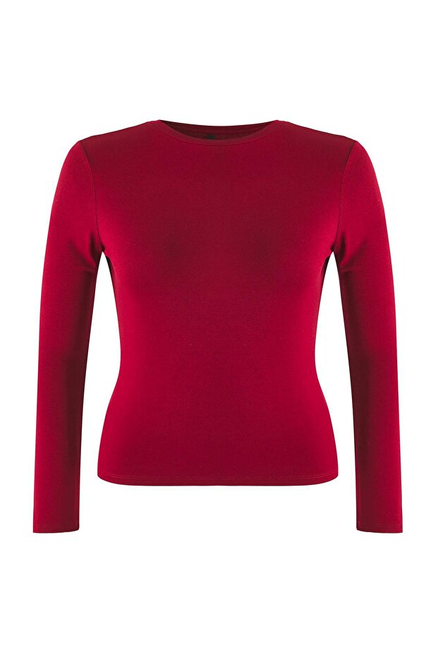 Bordo Premium Yumuşak Kumaşlı Viskon Bisiklet Yaka Crop Esnek Örme Bluz TBBAW25AF00027 - 5
