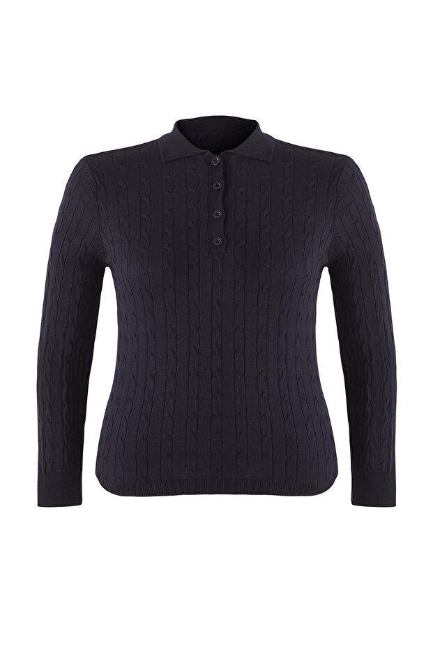 Lacivert Polo Yaka Saç Örgülü İnce Triko Bluz TBBAW26AF00005 - 5