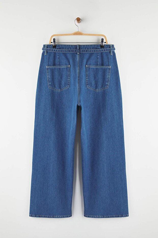 Mavi Yüksek Bel Kemerli Geniş Paça Denim Büyük Beden Jeans TBBAW26CJ00031 - 7