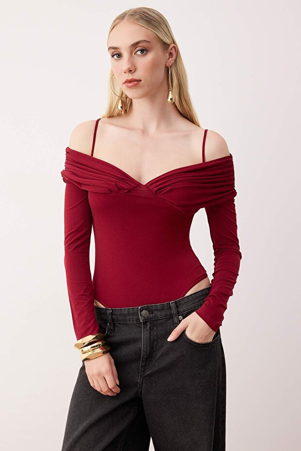 Bordo Carmen Yaka Örme Body TPRAW26BD00022 - 1