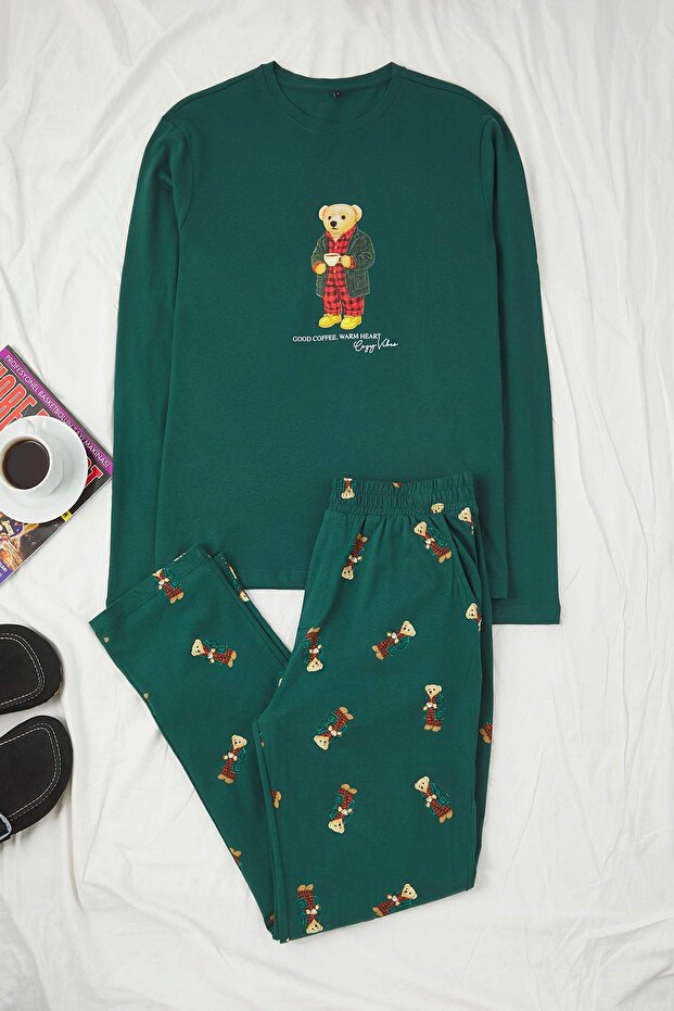 Yeşil Regular Fit Ayıcık Baskılı %100 Pamuk Örme Pijama Takımı TMNAW26PT00007 - 1