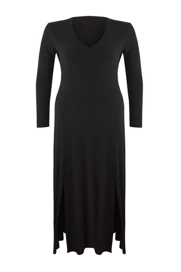 Siyah V Yaka Skater/Belden Açılan Esnek Maxi Örme Elbise TBBAW26AH00017 - 5
