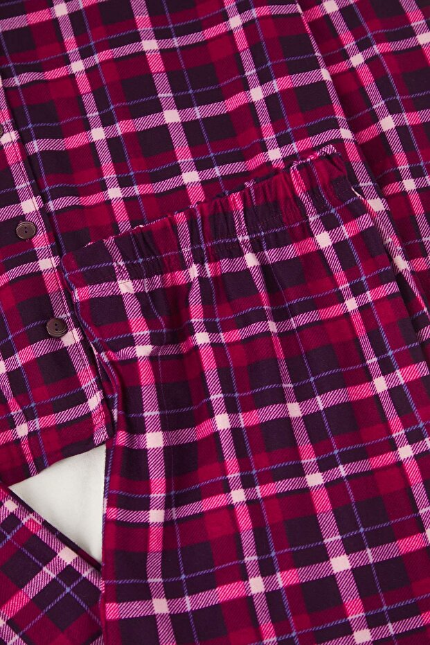 Bordo Ekoseli Gömlek Yaka Yumuşak Tuşe Örme Pijama Takımı TBBAW24AI00033 - 3
