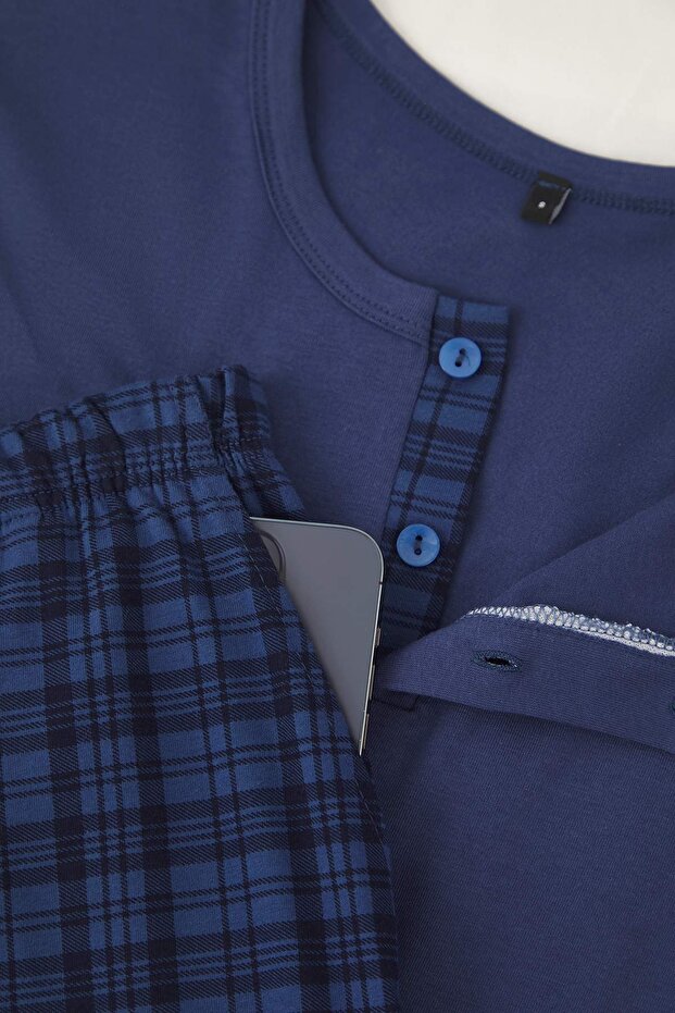 Mavi Regular Düğmeli Yaka Ekose Örme Pijama Takımı TMNAW26PT00021 - 2
