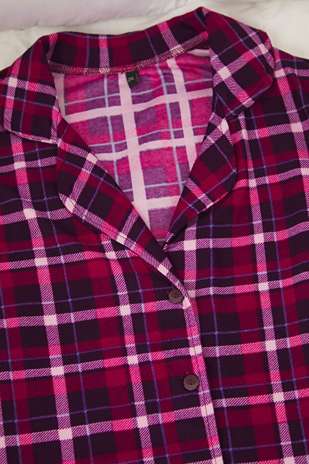 Bordo Ekoseli Gömlek Yaka Yumuşak Tuşe Örme Pijama Takımı TBBAW24AI00033 - 4