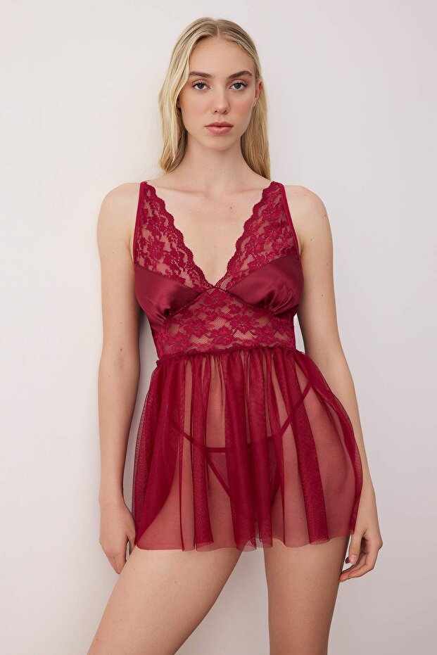 Bordo Kapsız Dantelli Tül/Mesh Askılı Külotlu Babydoll/Fantezi Gecelik THMAW26CY00001 - 2