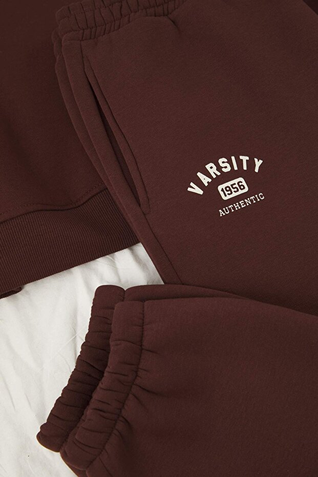 Brown Slogan Printed Regular Fit Fleece Inside Oversize Tracksuit Set Tbbaw26Ts00004 - 6
