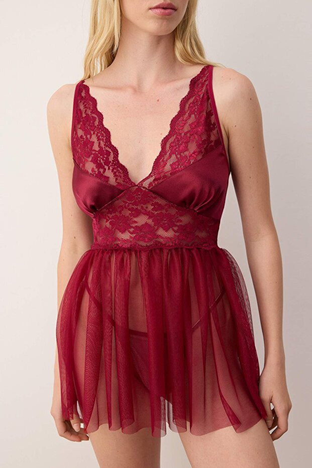 Bordo Kapsız Dantelli Tül/Mesh Askılı Külotlu Babydoll/Fantezi Gecelik THMAW26CY00001 - 3
