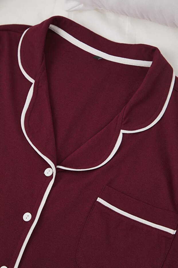 Bordo Biye Detaylı Gömlek Yaka Örme Pijama Takımı TBBAW26AI00032 - 4