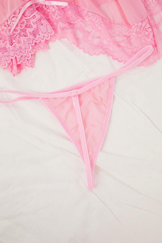 Pembe Tül Kurdele/Fiyonk ve Dantel Detaylı Kapsız Külotlu Babydoll/Fantezi Gecelik THMAW26LL00007 - 7