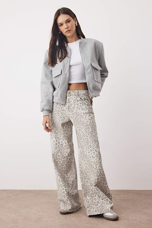 Çok Renkli Normal Bel Leopar Desenli Wide Leg %100 Pamuk Non-Stretch Jeans TWOAW26JE00024 - 1