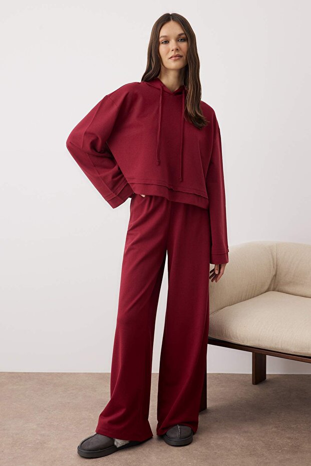 Bordo Kapüşonlu Geniş Kalıp Örme Pijama Takımı TWOSS21EM0026 - 2