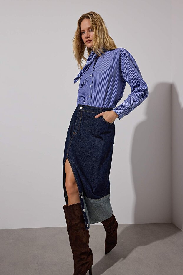 Koyu Mavi Asimetrik Kapama Midi Denim Etek TWOAW26ET00063 - 1