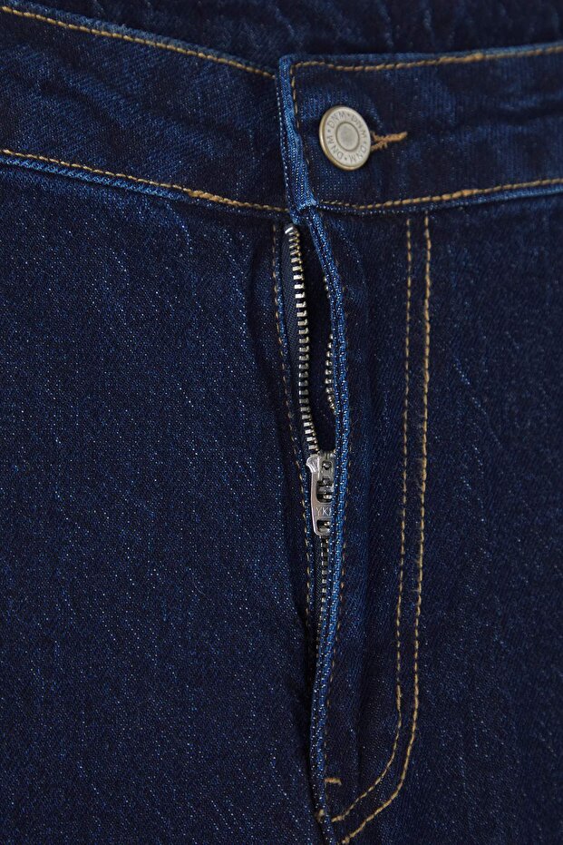 Koyu Mavi Yüksek Bel Paçası Kesikli Straight Fit Denim Büyük Beden Jeans TBBAW26CJ00033 - 6