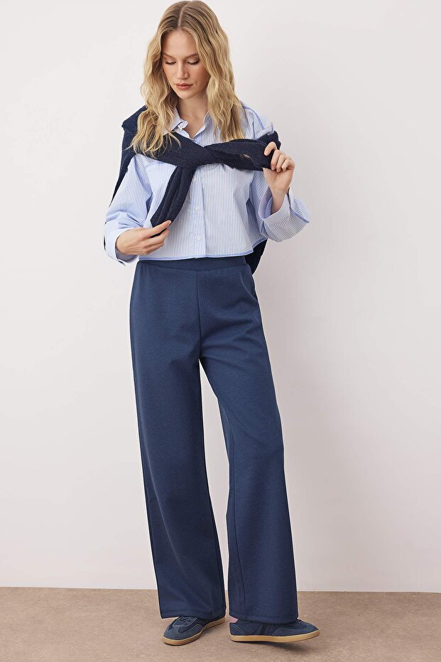 Lacivert Normal Bel Wide Leg Esnek Örme Pantolon TWOAW26PL00103 - 3