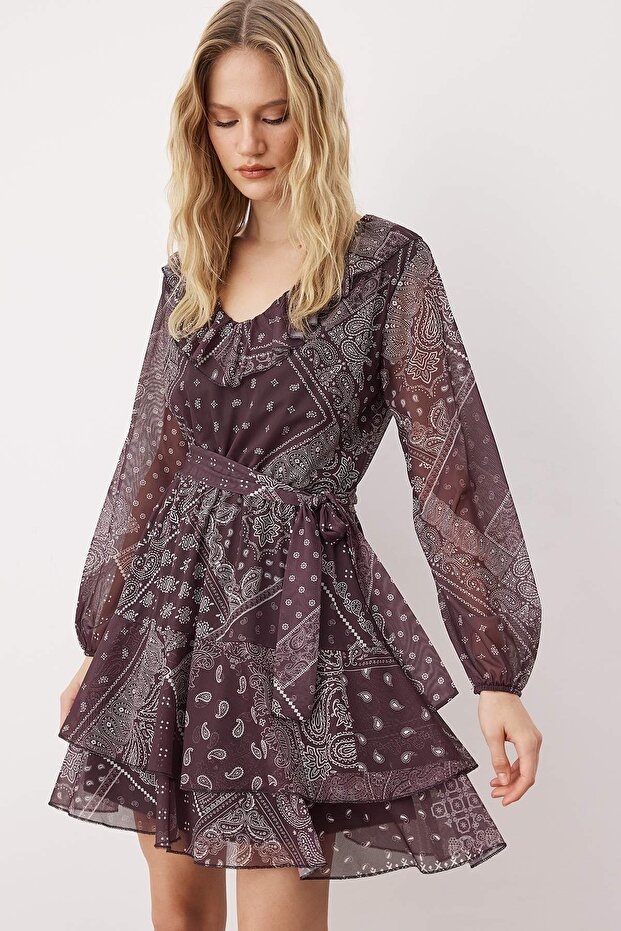 Çok Renkli Boho/Boho Chic Baskılı Fırfır Detaylı Mini Tül Esnek Örme Elbise TWOAW26EL00251 - 6