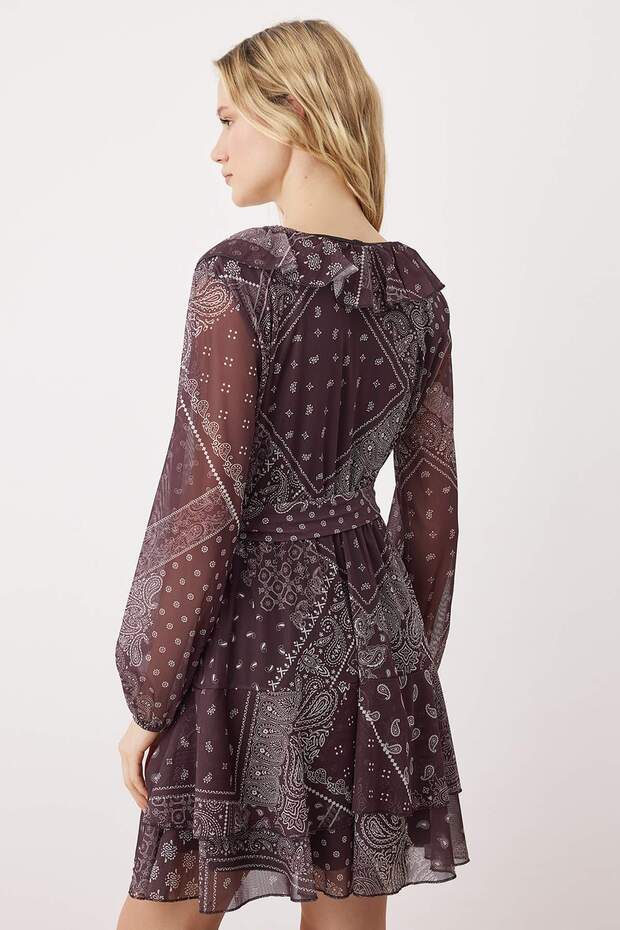 Çok Renkli Boho/Boho Chic Baskılı Fırfır Detaylı Mini Tül Esnek Örme Elbise TWOAW26EL00251 - 9