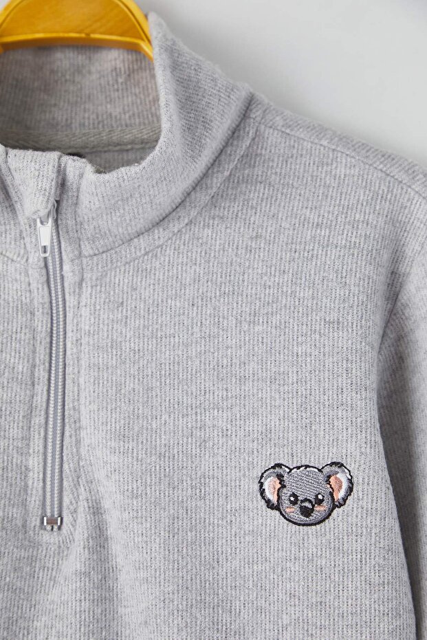 Gri Melanj Pamuklu Baskılı Dik Yaka Regular Erkek Çocuk Örme Sweatshirt TKDAW26SW00038 - 4