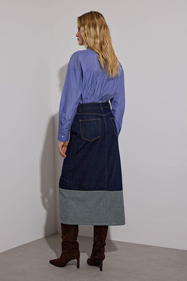 Koyu Mavi Asimetrik Kapama Midi Denim Etek TWOAW26ET00063 - 4
