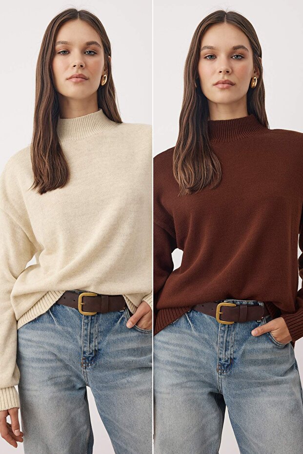 Steinbraun Basic Zweierpack Strickpullover TWOAW26KZ00232 - 1