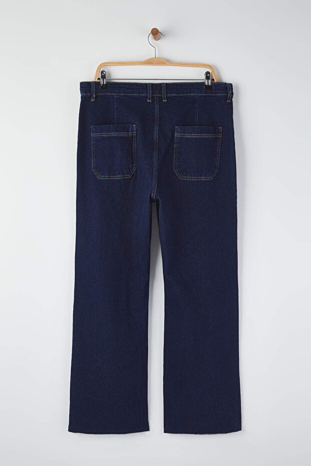 Koyu Mavi Yüksek Bel Paçası Kesikli Straight Fit Denim Büyük Beden Jeans TBBAW26CJ00033 - 7