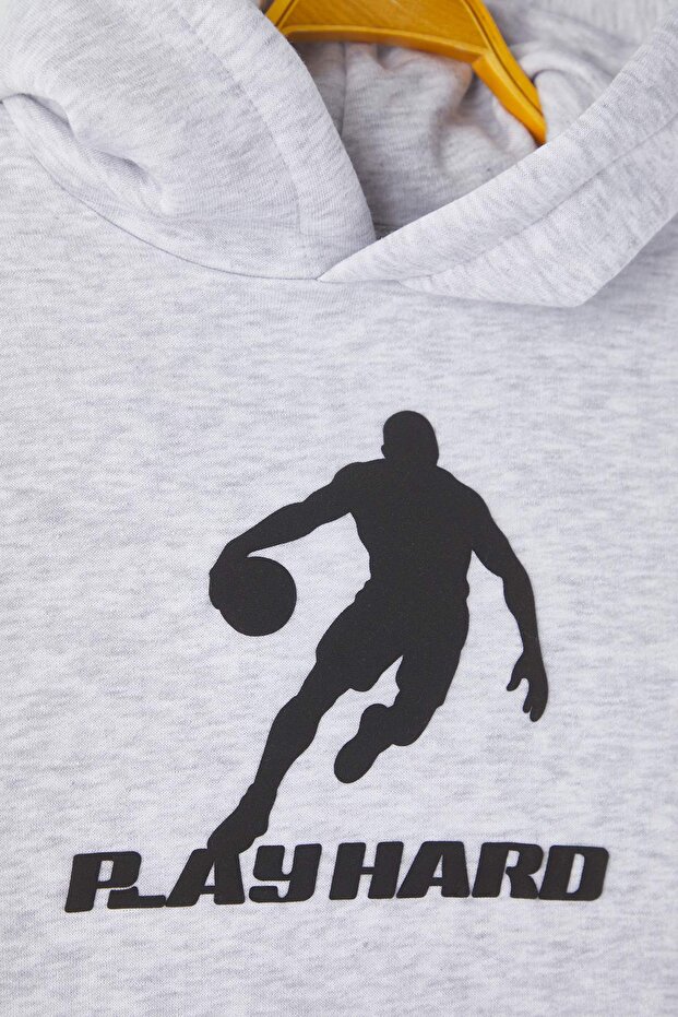 Gri Melanj Pamuklu Baskılı Kalın/İçi Polarlı Kapüşonlu Erkek Çocuk Örme Sweatshirt TKDAW26SW00033 - 4