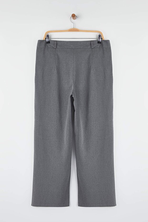 Gri Lastik Belli Wide Leg Büyük Beden Dokuma Pantolon TBBAW26AR00019 - 9