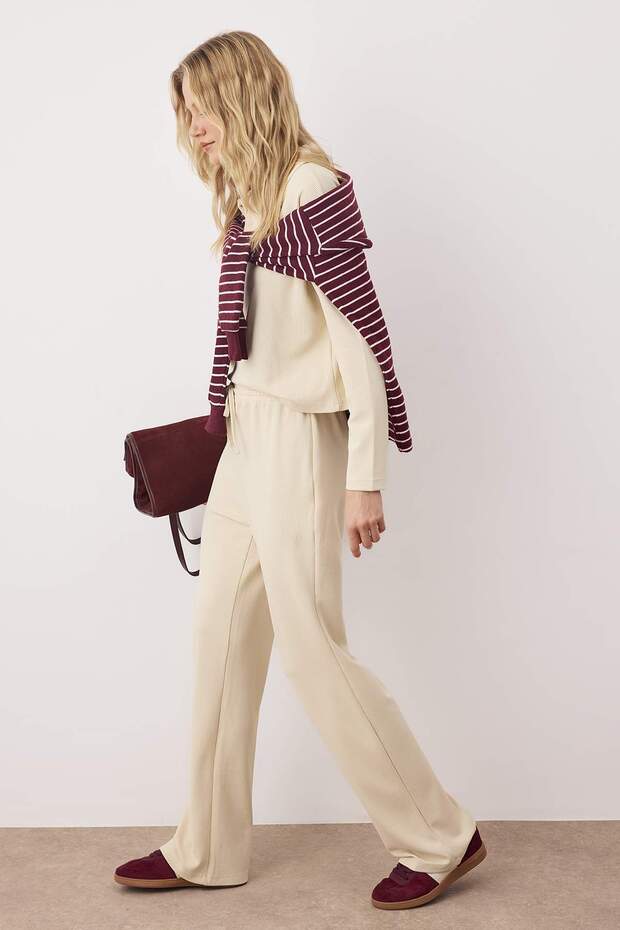 Ekru Selanik Polo Yaka Crop Üst Wide Leg/Geniş Kesim Alt Esnek Örme Alt - Üst Takım TWOAW26AU00053 - 2