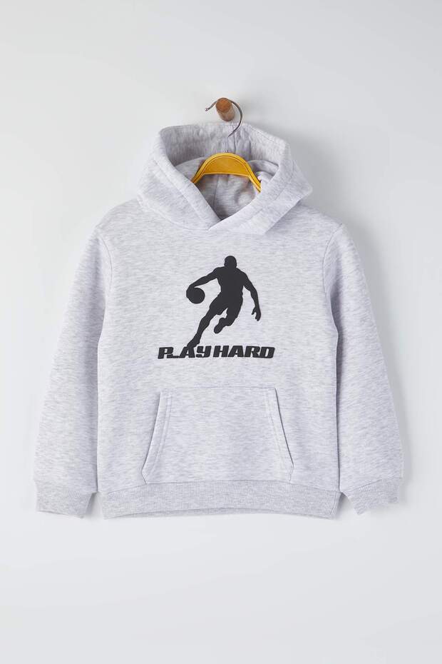 Gri Melanj Pamuklu Baskılı Kalın/İçi Polarlı Kapüşonlu Erkek Çocuk Örme Sweatshirt TKDAW26SW00033 - 2
