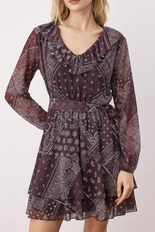 Çok Renkli Boho/Boho Chic Baskılı Fırfır Detaylı Mini Tül Esnek Örme Elbise TWOAW26EL00251 - 8