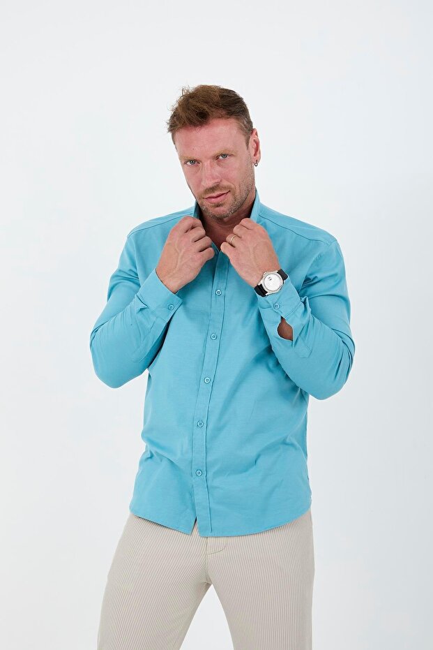 Men's Oxford Fabric Lycra Long Sleeve Shirt - Light Blue