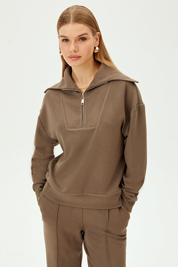 Yaka Detaylı Fermuarlı Regular Örme Sweatshirt - 2