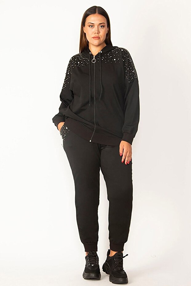 Women's Black Front Zippered Stone Detailed Hooded Sweatshirt Trousers Set 26a28091