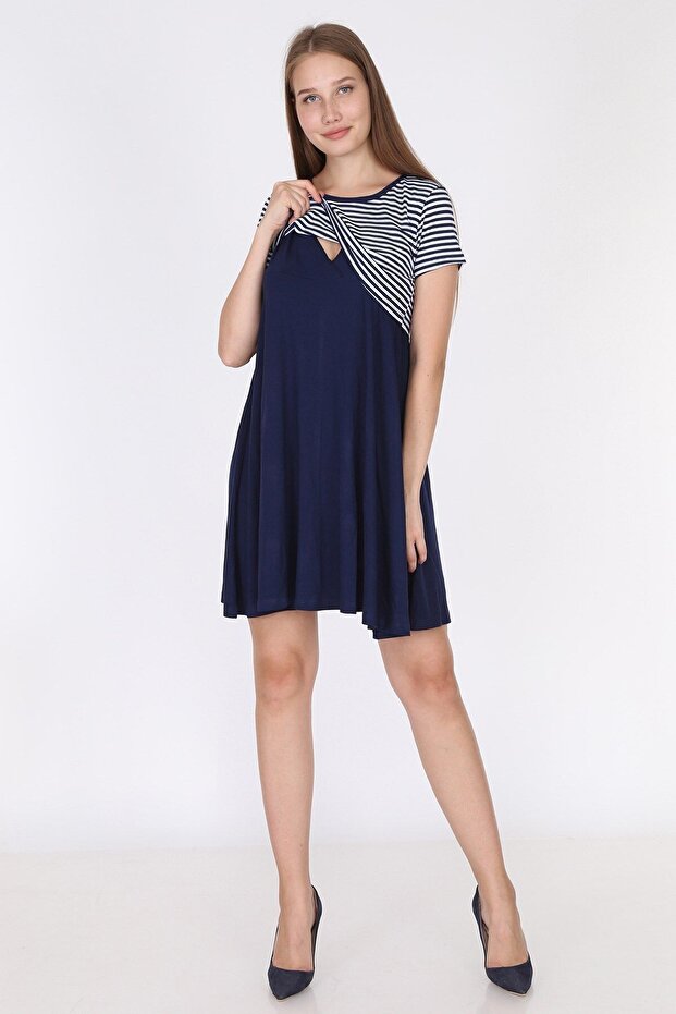 5851 - Navy Blue Striped Top and Black Half Sleeve Breastfeeding Dress
