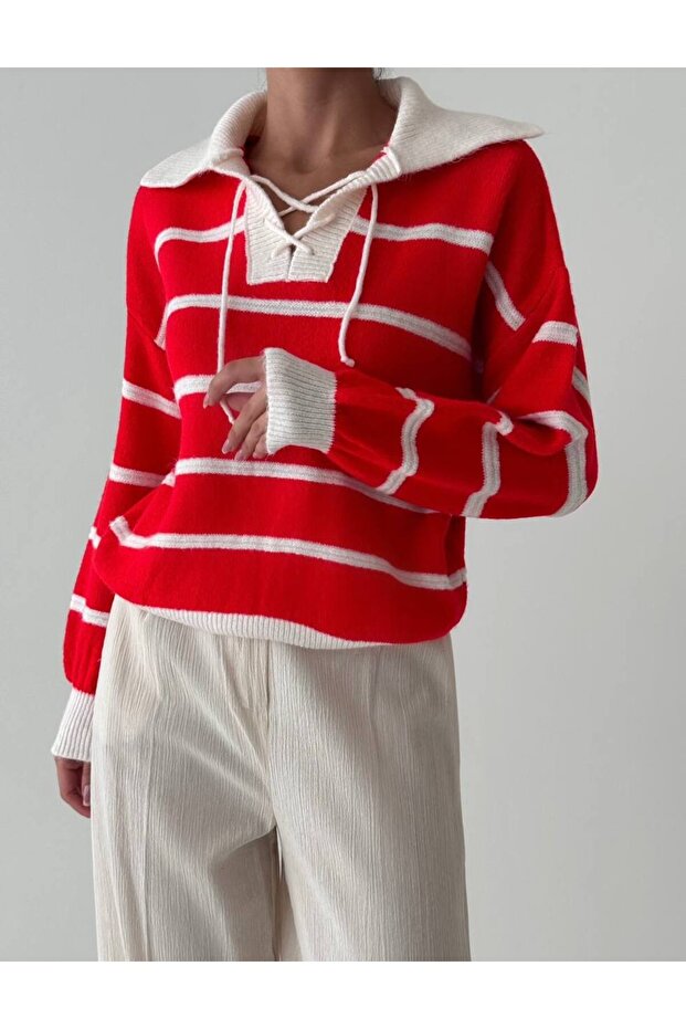 Red Mike Polo Collar Ecru Striped Lace Front Knitwear Sweater-4469
