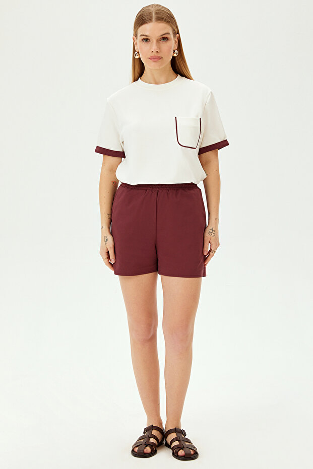 Elastic Waist Short Line Detailed Comfortable Fit Cotton Shorts