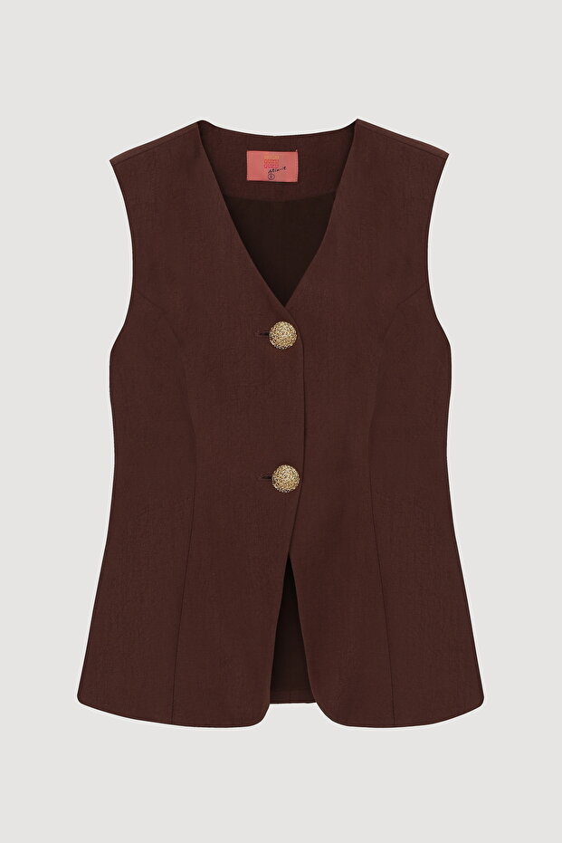 سترة بياقة على شكل حرف V بزر مزدوج باللون البني - 2