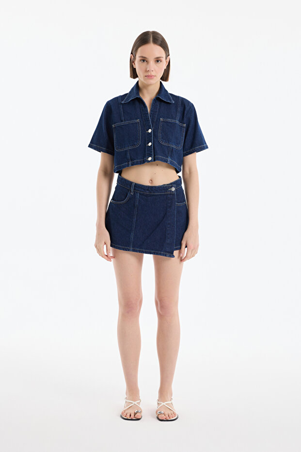 Önden Düğmeli Kruvaze Kot Şort Etek Mavi - 4