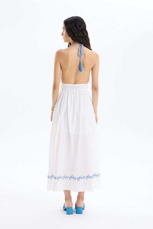 Rochie lungă brodata cu talie elastică Ecru - 5