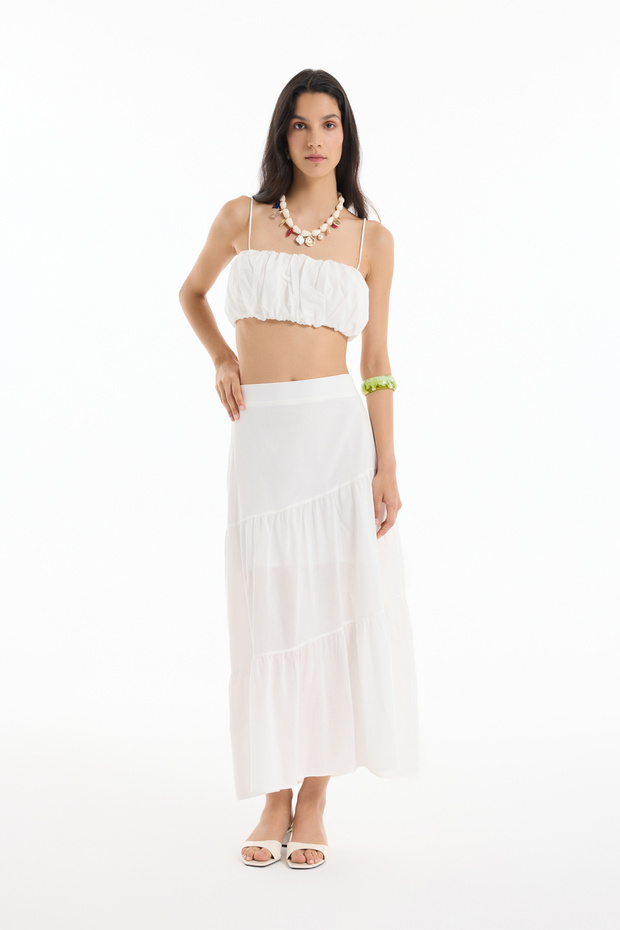 Volanlı Katlı Midi Etek Ekru - 1