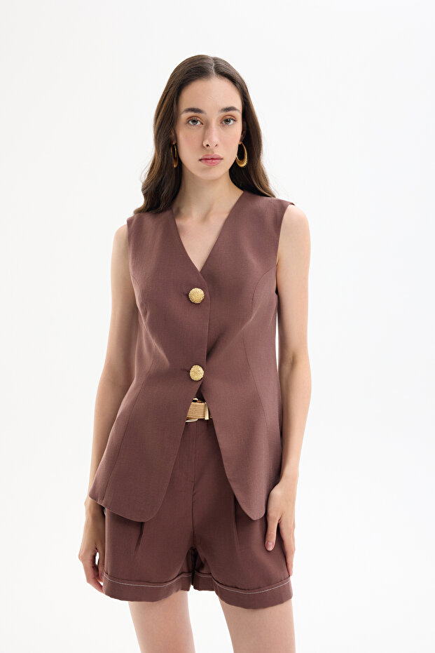 سترة بياقة على شكل حرف V بزر مزدوج باللون البني - 1