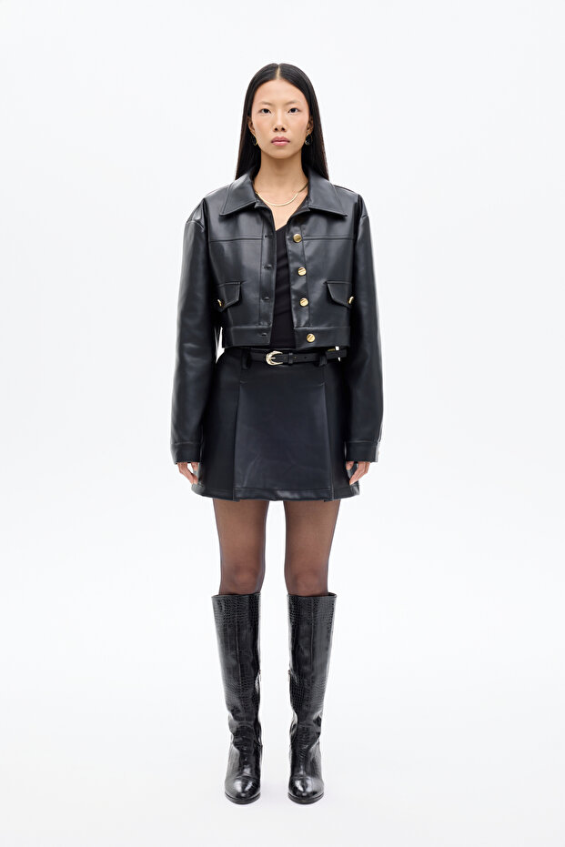 Double Pocket Buttoned Crop Leather Jacket Black - 4