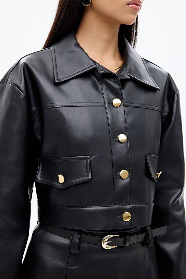 Double Pocket Buttoned Crop Leather Jacket Black - 3