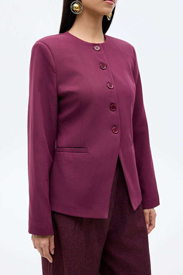 Round Neck Buttoned Blazer Jacket Plum - 3