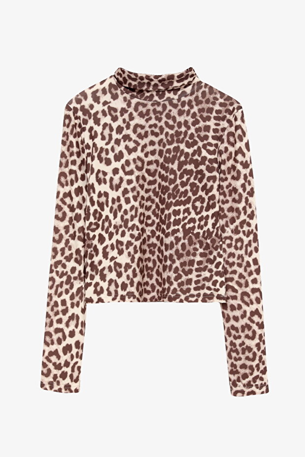 Leopard Patterned Turtleneck Blouse Brown - 2
