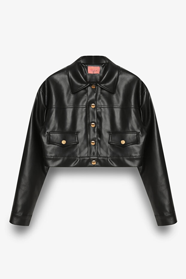 Double Pocket Buttoned Crop Leather Jacket Black - 2