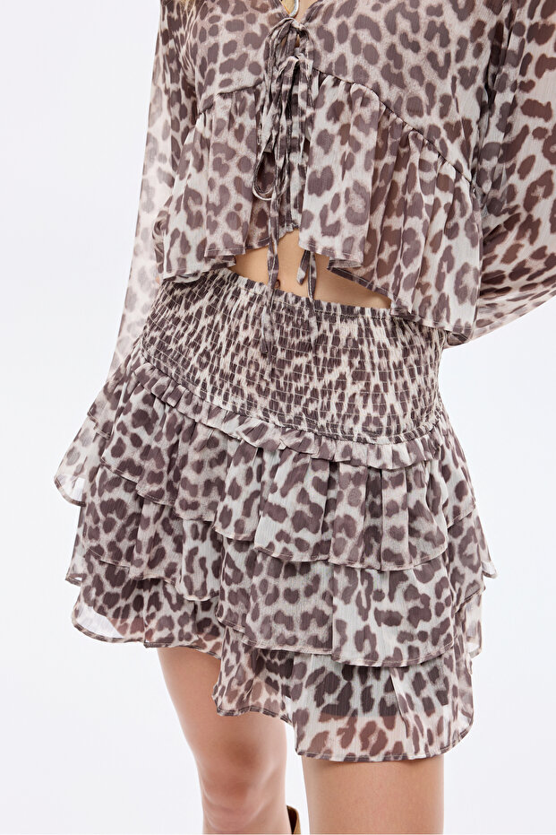 Fusta mini cu model leopard cu volane Bej - 3