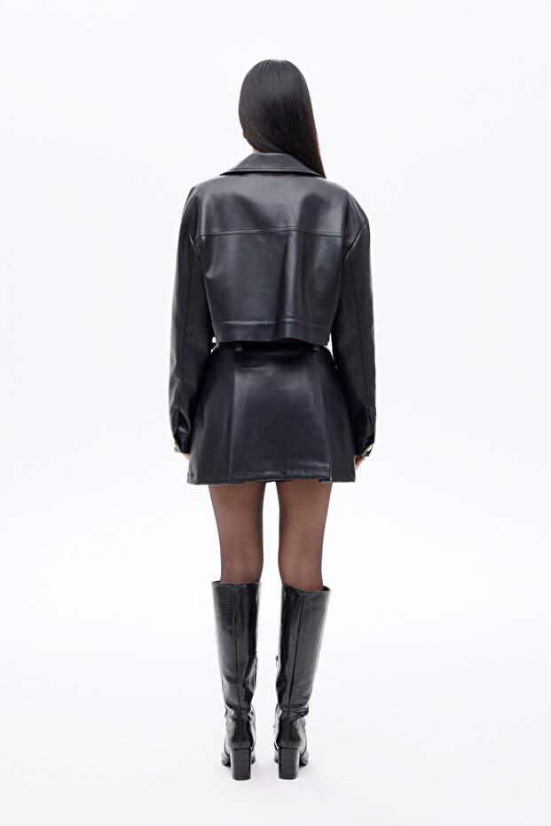 Double Pocket Buttoned Crop Leather Jacket Black - 5